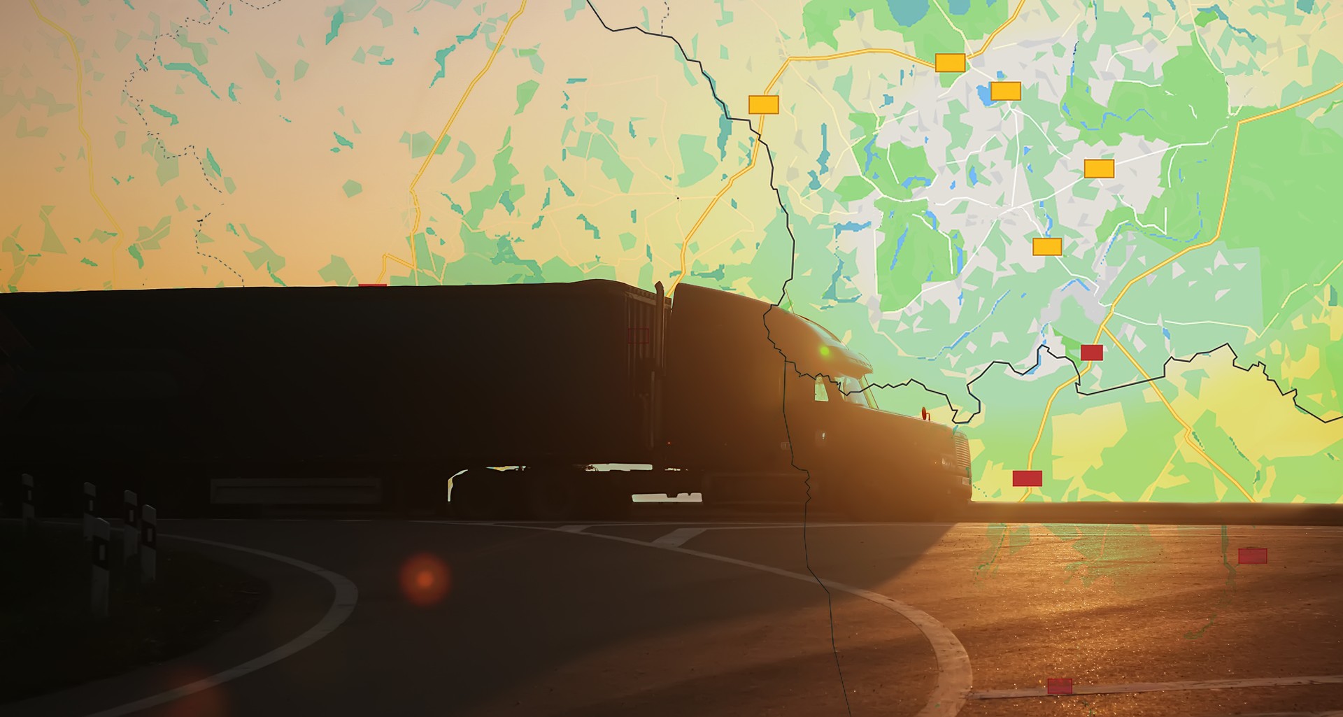 Big truck moving on the highway on a geographical map. Delivery of goods.