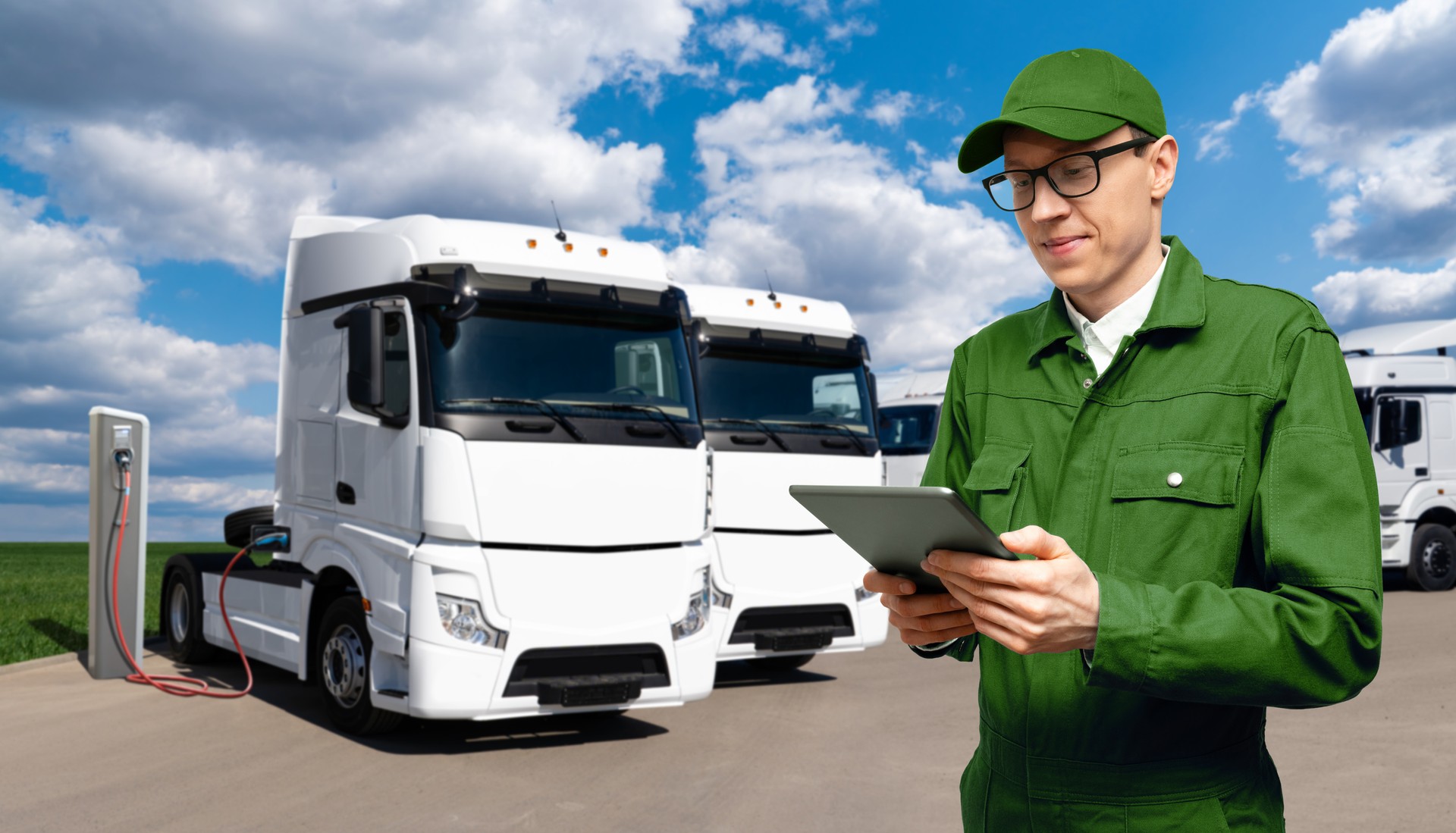 Fleet manager with a digital tablet stands next to electric trucks